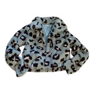 Stylish Leopard Faux Fur Print Juniors Cropped Jacket Size Small